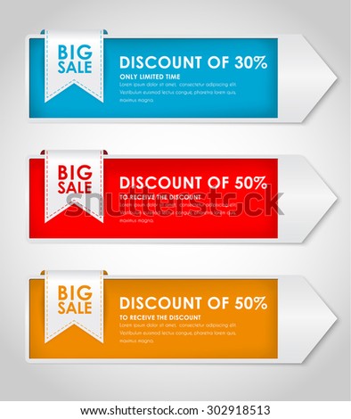 Set of colored horizontal banners for sale in the form of arrows with a ribbon. Elements of infographics for posting information. Vector illustration