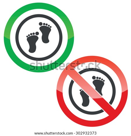 Allowed and forbidden signs with human footprints in circle, isolated on white