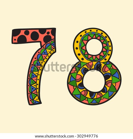 Hand Drawn color doodle numbers vector illustration. African, Indian, totem, tattoo design. It may be used for design of a t-shirt, bag, postcard, a poster and so on.