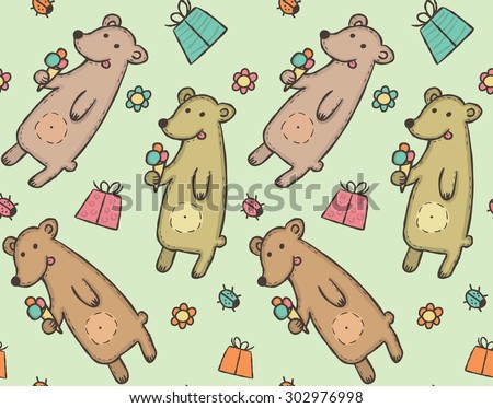 Seamless pattern of wild animal brown bear with ice cream, gifts,flower, ladybug Vector illustration eps10
