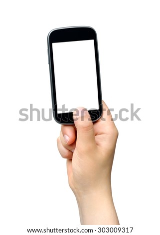 Young Woman holding Smartphone - isolated on white background