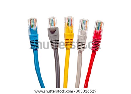 Multicolored network cables with connectors RJ45 on a white background. Red, yellow, blue, gray and white Ethernet cables. 