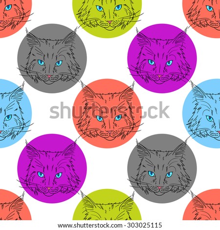 Maine coon cat portrait. Hand drawn vector illustration. Seamless pattern pet background