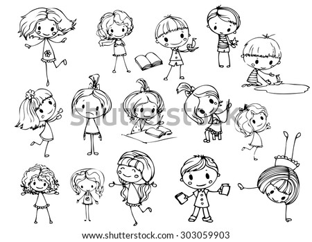 Cute Happy Cartoon Doodle Kids, Group Of Child Drawing Sketch, Set Of  Children Character Back To School, Vector Illustration Royalty Free SVG,  Cliparts, Vectors, and Stock Illustration. Image 115671706.