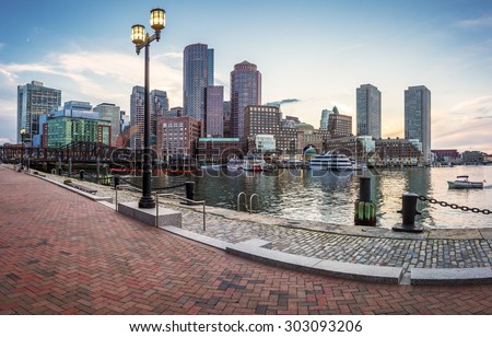 Panoramic view of Boston in Massachusetts, USA at sunset at Back Bay.