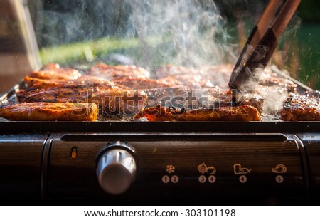 Tasty chicken steaks on the contact electric grill - closeup picture
Healthier grilling.