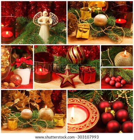 Christmas collage of golden and red decorations