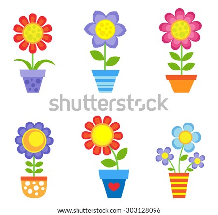 Set of bright flowers in pots. Raster version