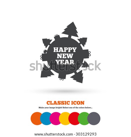 Happy new year globe sign icon. Gifts and trees symbol. Full rotation 360. Classic flat icon. Colored circles. Vector