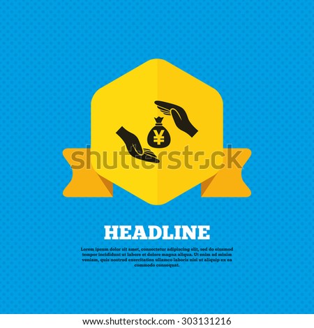 Protection money bag sign icon. Hands protect cash in Yen symbol. Money or savings insurance. Yellow label tag. Circles seamless pattern on back. Vector