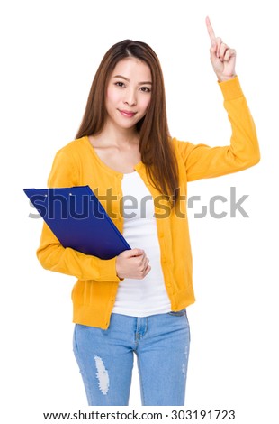 Young woman with clipboard and finger show up