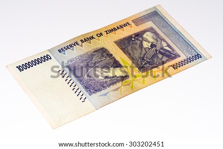 10000000000 (Ten billion) Zimbabwe dollars bank note. One of manny currences in Zimbabwe