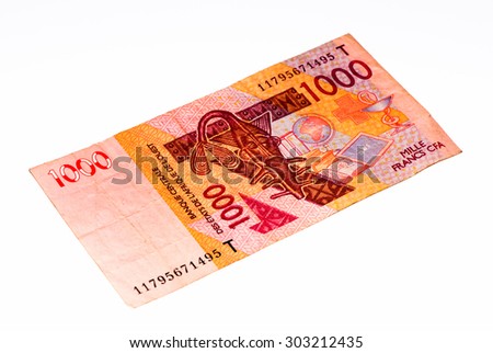 1000 CFA franc bank note. CFA franc is used in 14 African countries.