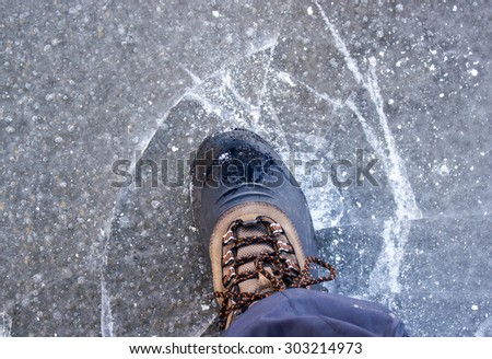 A man stepped on thin ice Royalty-Free Stock Photo #303214973