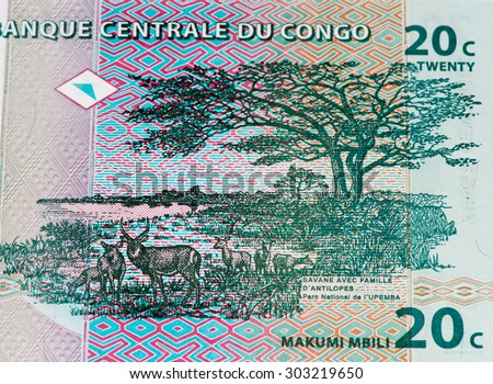 20 centimes bank note of Congo. Centimes on of the currencies of Congo