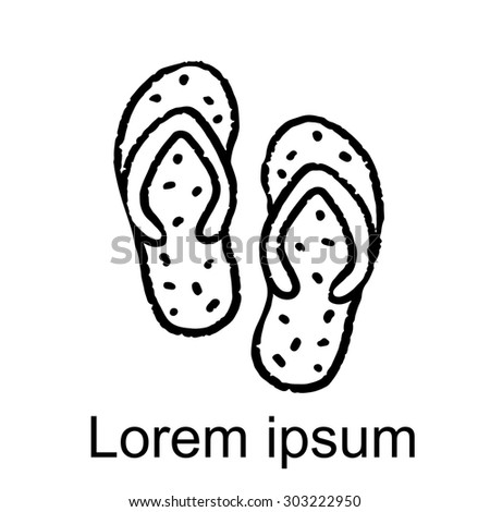 Flip flop sandals black lines, hand drawn sketch icon isolated on white background, top view, art logo design