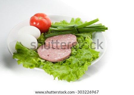 Picture of onion, eggs, ham, tomato on white plate
