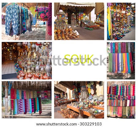 Collection of pictures of traditional Moroccan and Thai markets with handicrafts: pottery, souvenirs, decoration, ceramics, pottery, utensil, artwork and textile 
