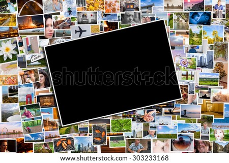 Postcard or photo template with a background of photos and postcards with several destinations from all over the world