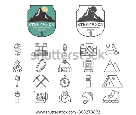 Set of Summer mountain camp badge, logo and label and line icon templates. Travel, hiking, climbing style. Outdoor. Best for adventure sites, travel blogs etc. On white background. Vector illustration