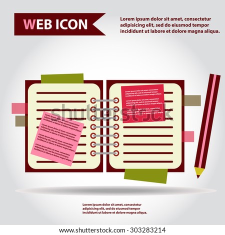 Illustration of copy-book for learning and writing, paper document with pencil web icon, vector.