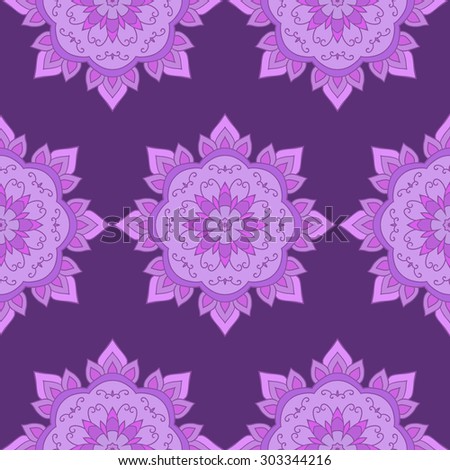 Ornamental round lace seamless pattern. Abstract floral ornament on dark purple background. 
