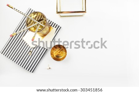 Gold items office, table view, white background mock up