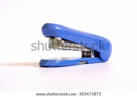 Blue stapler stationery on white background
