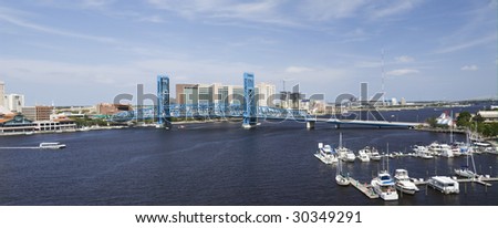 stitched panoramic of the blue bridge spanning the St. John's River in downtown Jacksonville, Florida