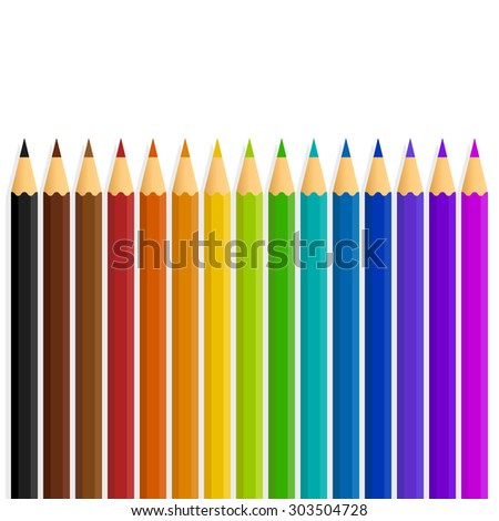 A straight line of vector rainbow color / colour pencils isolated on a white background