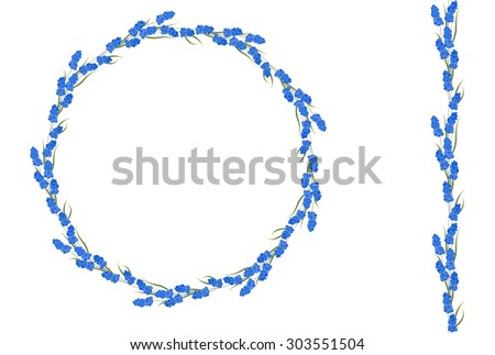 Detailed contour wreath with muscari isolated on white. Round frame for your design, greeting cards, announcements, easter spring posters. Endless vertical texture, seamless pattern brush.