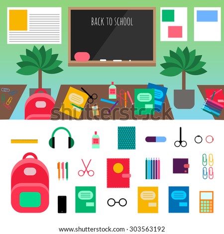 flat vector school essentials, supplies icons set