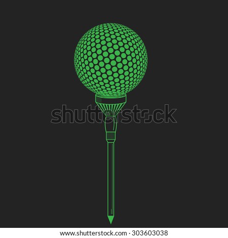 Golf ball on tee realistic vector illustration. Vector golf ball on black. Golf tee of Engraving style with ball
