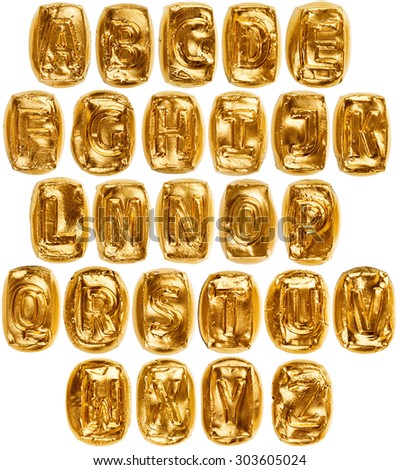Big size handmade golden ceramic alphabet isolated on white background