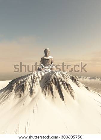 Illustration of a giant statue of Buddha on top of a lonely snow covered mountain peak, 3d digitally rendered illustration
