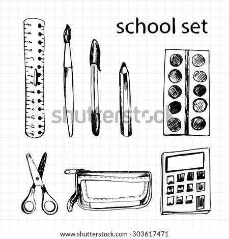 Set of different school items: ruler, scissors, pen, pencil, calculator, brush, pencil-case, paints