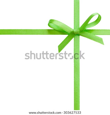 single gift bow, green satin, with cross ribbons isolated on white