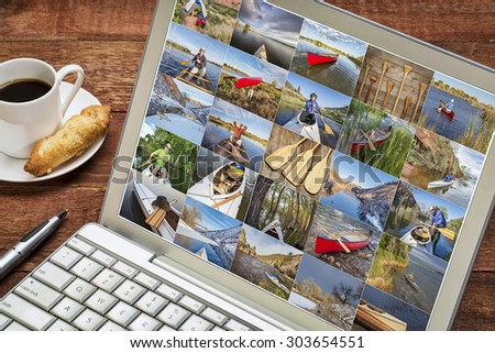 gallery  of canoe paddling pictures from Colorado, Wyoming and Utah featuring the same senior male model - reviewing and editing images on a laptop with a cup of coffee