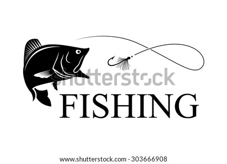 Bass and hook with text FISHING, fly fishing