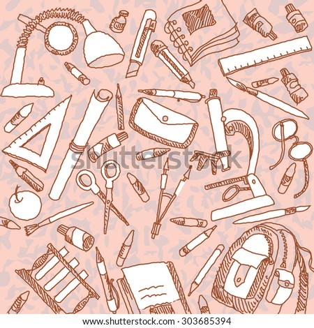 Hand drawn vector illustration.Abstract Background "Back to School". Pencils, Book, Notebook, Microscope.
