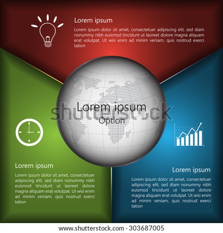 World Globe With Metallic Multi-Color Diagram, 3 Options, Business Icon & Information Text Design, Vector Illustration