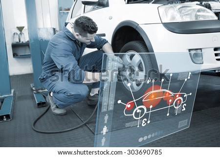 Car interface against mechanic adjusting the tire wheel