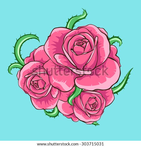 Red rose with green vine.White background.