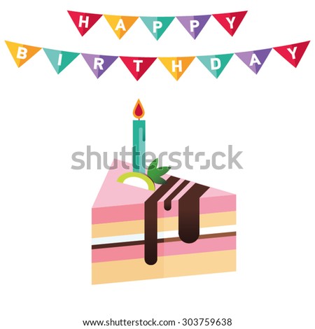 Poster or card for birthday. Decoration like ribbon, confetti, flag. Birthday cake with candle. Greeting or invitation. Colorful