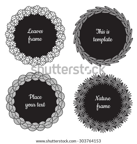 Circle nature frames (black) with leaves (aspen, sea buckthorn, apple tree, palm) vector set. Vintage style. Perfect for invitations and other design.