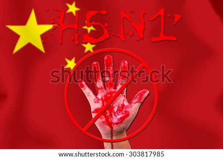 Concept open hand stop H5N1  epidemic on flag background.