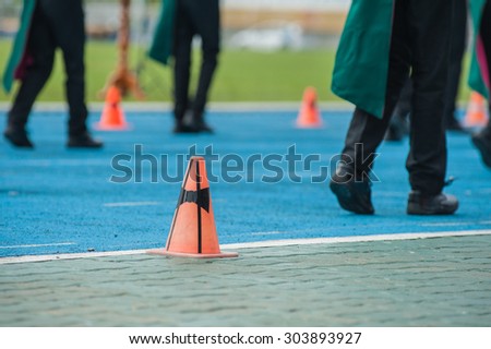 Traffic cones on the track stadium. 