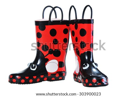 Rubber boots for kids isolated on white background. Bright children's rubber boots with a picture of a ladybug. Shoes for rainy weather, protection from water. Walking in the rain