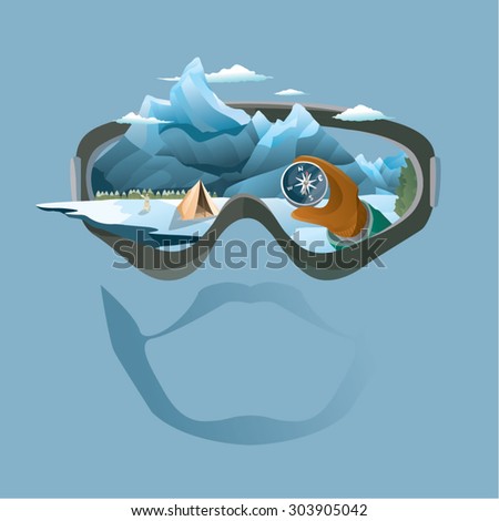 Vision of mountain climber, showing camp, mountain, snow, compass.