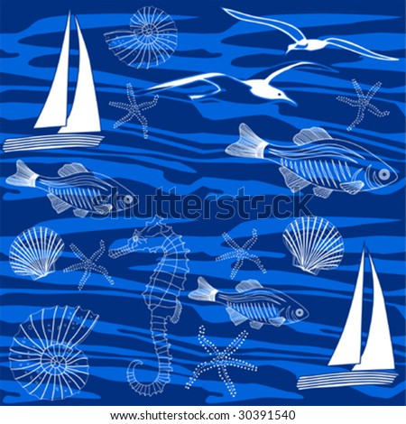 Seamless pattern showing ocean life, vector illustration